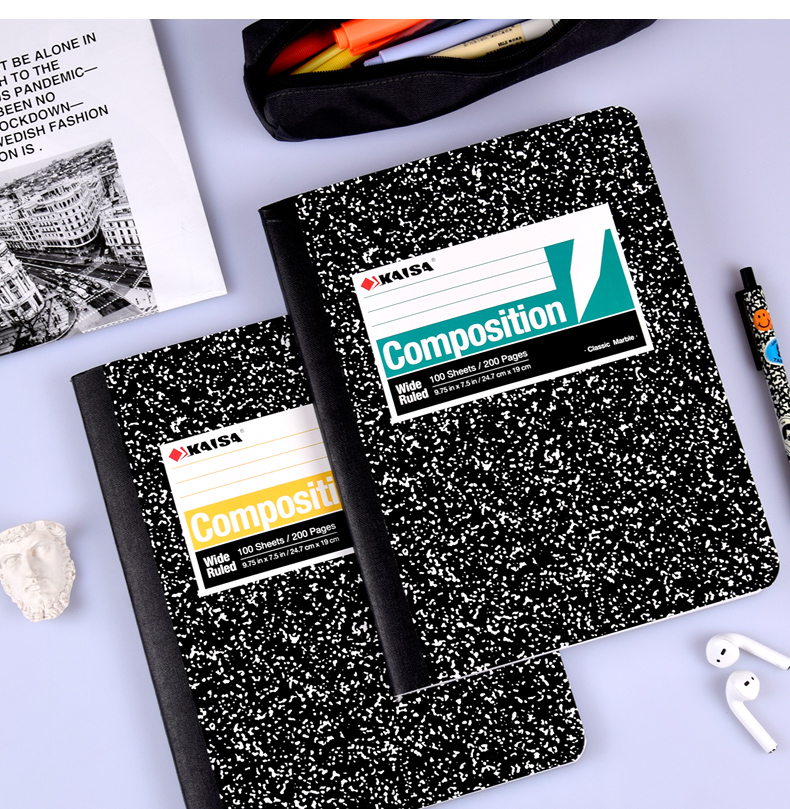 KAISA B5 Soft Notebook, Stitched Binding, 100 Sheets, Lined Paper, Black And White Marble Pattern, Flat-Spreadable Notebook, Thin And Crisp Notebook, 4 Books 8