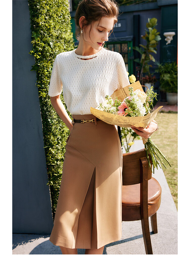 Olrain [Advanced Commuter Knit Top] Short-Sleeve T-Shirt, Summer Women's Wear, Distinct Textured Blouse, Apricot Color, Size M 12