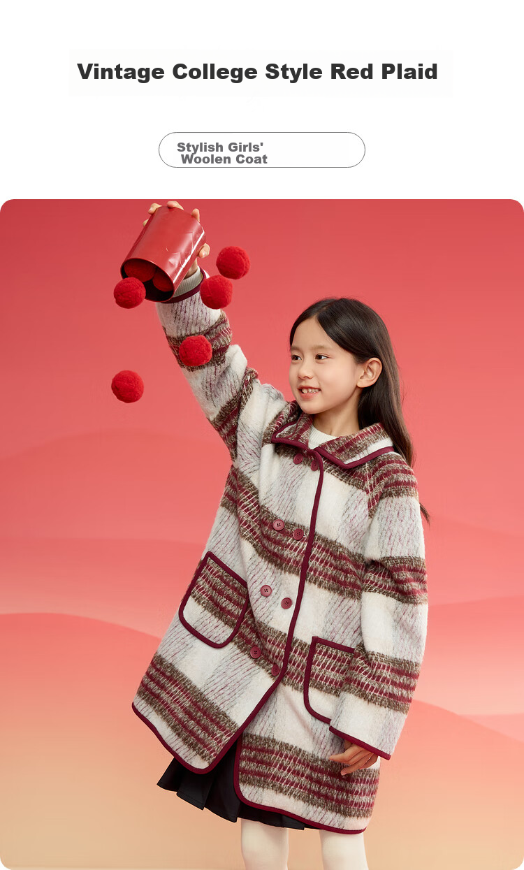 BALABALA Girls' Outerwear, Children's Spring And Winter Clothing, Toddler Vintage Plaid Wool Coat 1