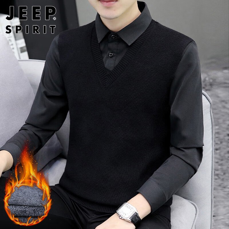 JEEP SPIRIT Men's Sweater Shirt Collar Autumn Winter Knitted Fake Two-Piece Casual Loose Trendy Jacket