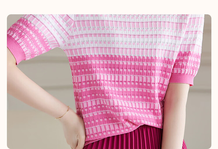 Dme [Bingchuan Meiros] Spring And Summer Double-Curved Ice Linen Sweater, Round Neck, Contrasting Color Jacquard, Petite Knit Top for Wome 3