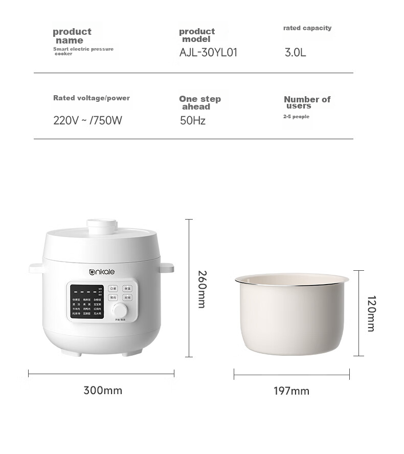 Ankale Electric Pressure Cooker 3L, Home Use One-Pot Dual-Lid Fully Automatic High-Pressure Rice Cooker for 1-3 People, Non-Stick Inner Pot, Removable Lid, Smart Pressure Control for Cooking Rice And Porridge 20