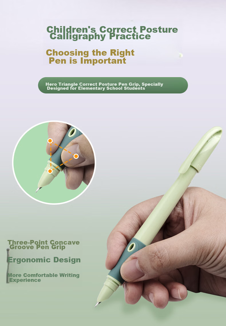 HERO P200 Fountain Pen, Ergonomic Design with Replaceable Ink Cartridge, Specially Designed for Third-Grade Elementary School Students' Handwriting Practice, Green Color 2