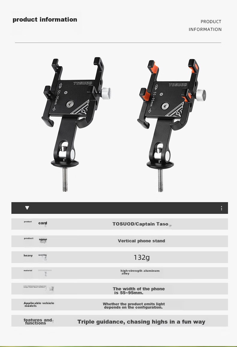 Tasiduizhang Bicycle Aluminum Alloy Phone Mount Navigation Bracket for Video Recording, Mountain And Road Bike, Black - Enlarged And Widened 1