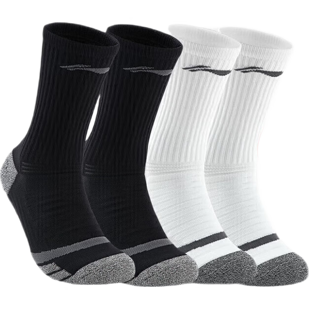 Li-Ning Basketball Socks for Men And Women, Sports Socks with Terry Bottom for Running (Black And White, 2 Pairs), Durable Non-Slip Elite Socks