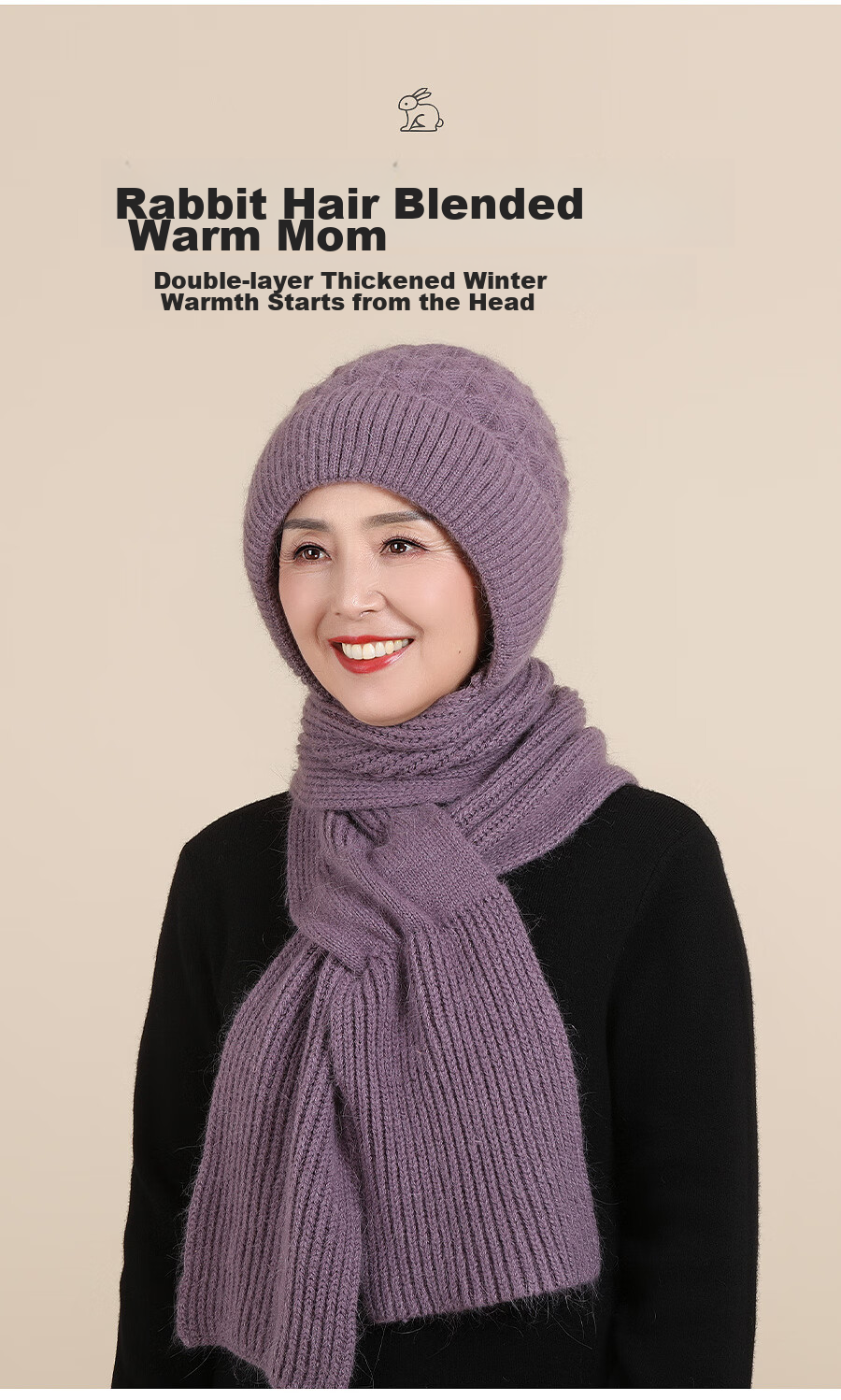 Hengyuanxiang Middle-Aged And Elderly Hat Scarf Integrated Knitted Cap, Winter Warm Rabbit Fur Fleece-Lined Gift for Elders 2