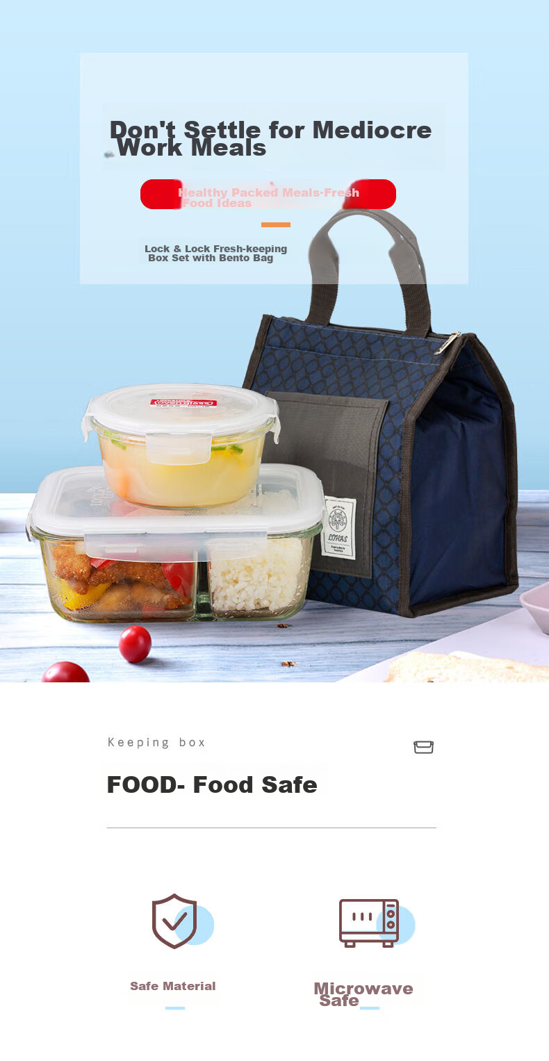 LOCK&LOCK Divided Glass Food Storage Containers Two-Piece Set, Microwave-Safe Lunch Boxes, with Bento Bag, 1L+380ml 1