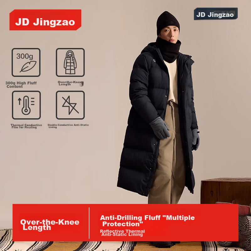 JD Original Long Down Jacket, Sports Outdoor Winter Thickened Warm Coat for Men, Black, XL