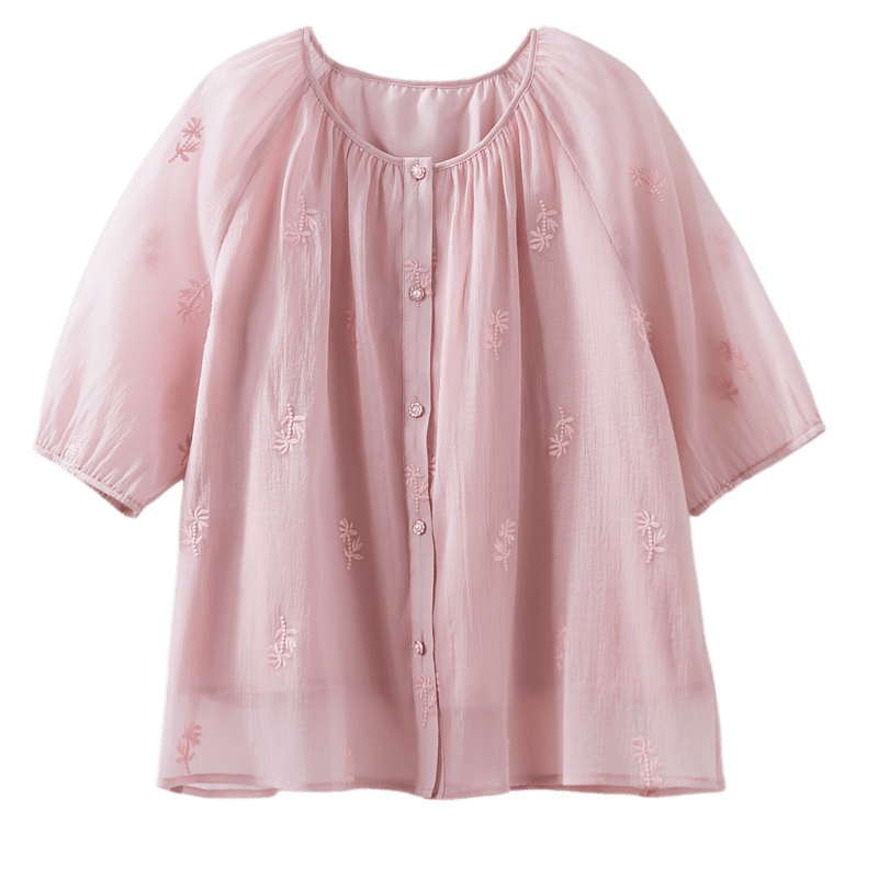 Dme [Ice Cream Cream Blouse], Summer French Embroidered Round Neck Comfortable Concealing Versatile Shirt, Women's Top