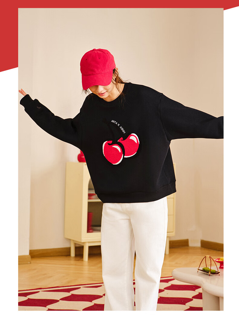 ANTA ×kirsh Collaboration | Cherry Round Neck Pullover Sweatshirt for Women, New Autumn Trendy Sports Top 12