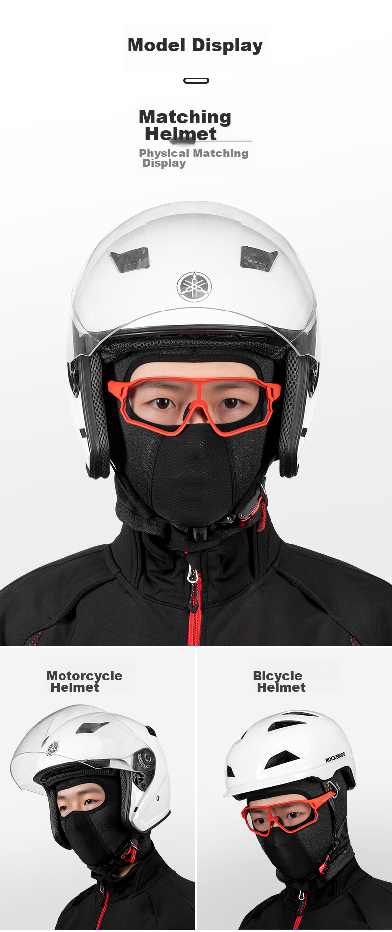 ROCKBROS , Autumn And Winter Warm Face Mask, Fleece Full-Face Motorcycle Balaclava, Outdoor Windproof Riding Neck Gaiter for Men And Women, Deep Black 3