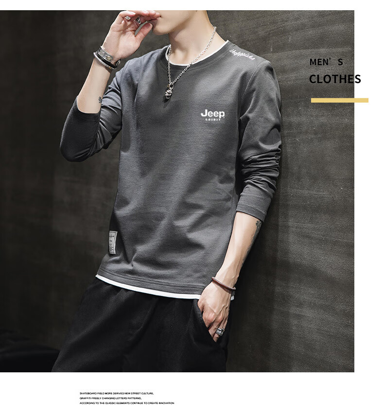 JEEP SPIRIT Men's Long-Sleeve T-Shirt, Spring And Autumn Sports Outdoor Pure Cotton Tee Casual Top, Gray, Size L 15