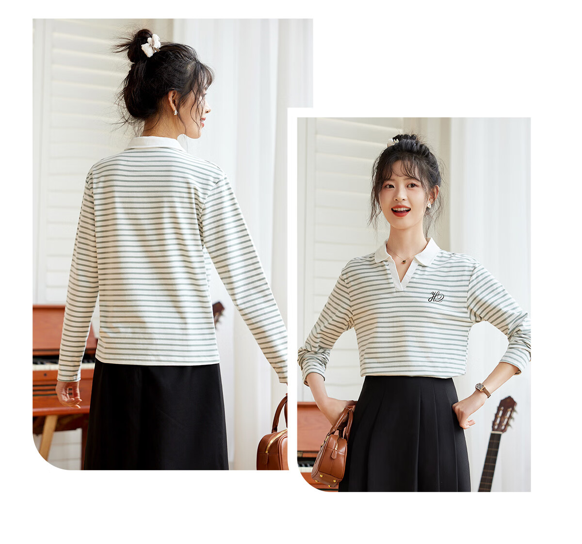 Halo Queen Long-Sleeve T-Shirt for Women, Spring And Autumn Round Neck, Heart Embroidery Striped Base Shirt, Casual Fashion Top, New Product H143T2005 15