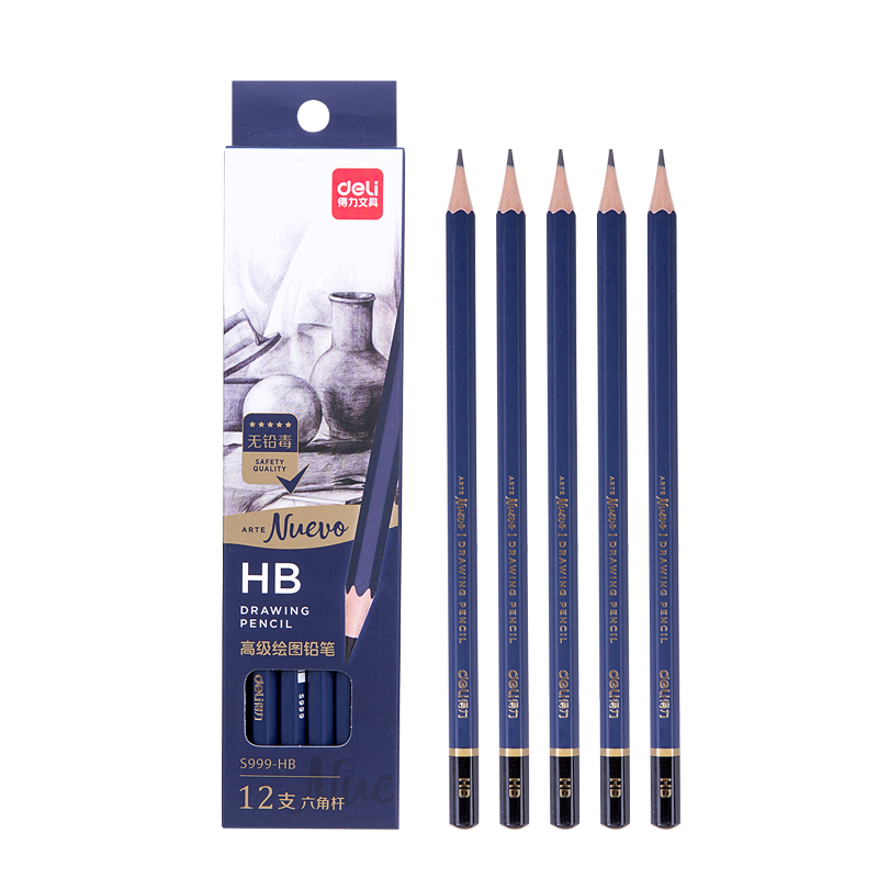 Deli Premium Drawing Pencils, 12 HB Sketching Pencils, Hexagonal Barrel Writing Black Pencils for Students, Art Sketching Engineering Drawing Pencils, Specialized for Beginners, Back-To Stationery