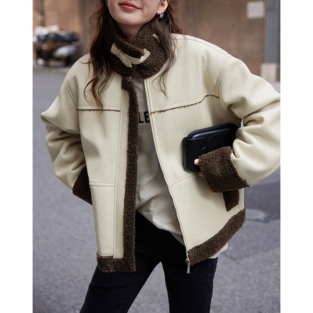 Demana Motorcycle Style Faux Shearling Winter PU Leather Patchwork Personalized Coffee Green Jacket Women Light Pea Green S