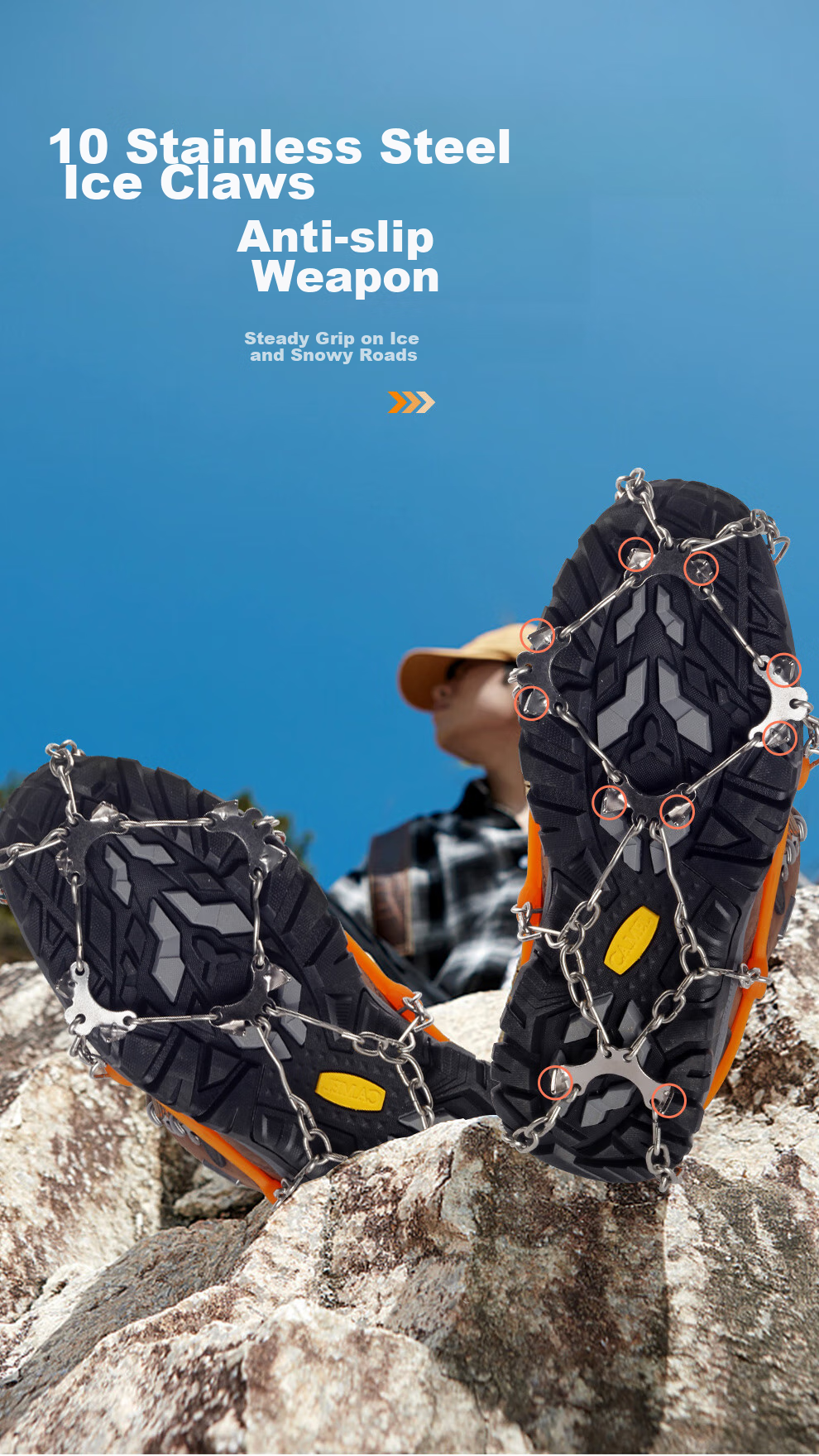 MOTIE Ice Claw Non-Slip Shoe Covers with Cleats, Outdoor Hiking Climbing Equipment, Professional Snow Covers, Mountain Climbing Snow Ice Grips with 10-Toe Chai 9