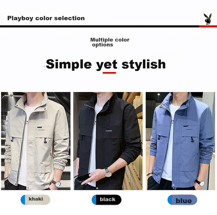 PLAYBOY Men's Jacket, Spring And Autumn Casual Workwear Trendy Outerwear, Black - 4XL 10