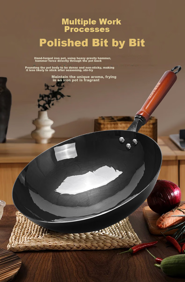 OLOFE Zhangqiu Black Iron Wok, Non-Coated, Lightweight, Round Bottom, Forged, Traditional Gas Stove, Large Stir-Fry Pan, Quiet Operation, 32cm 10
