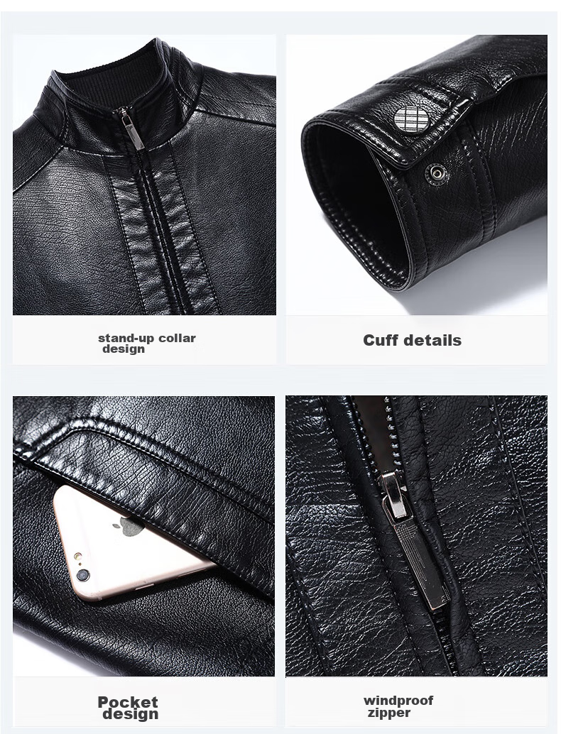 Hengyuanxiang Men's Leather Jacket for Autumn And Winter, Middle-Aged Men's Fleece-Lined Thick Stand-Collar Coat, Warm Leather Jacket for Middle-Aged And Elderly Men's Outerwear 7