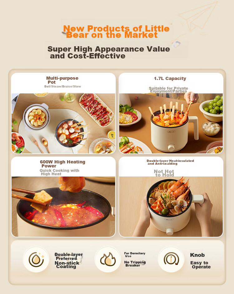 Bear Electric Cooking Pot, Small Electric Pot, Electric Hot Pot, Multi-Functional Steaming And Boiling Pot, Student Dormitory Instant Noodle Hot Pot for Home Use, V17D3 1.7L Electric Cooking Pot, Multi-Purpose Pot for 1-2 People 1