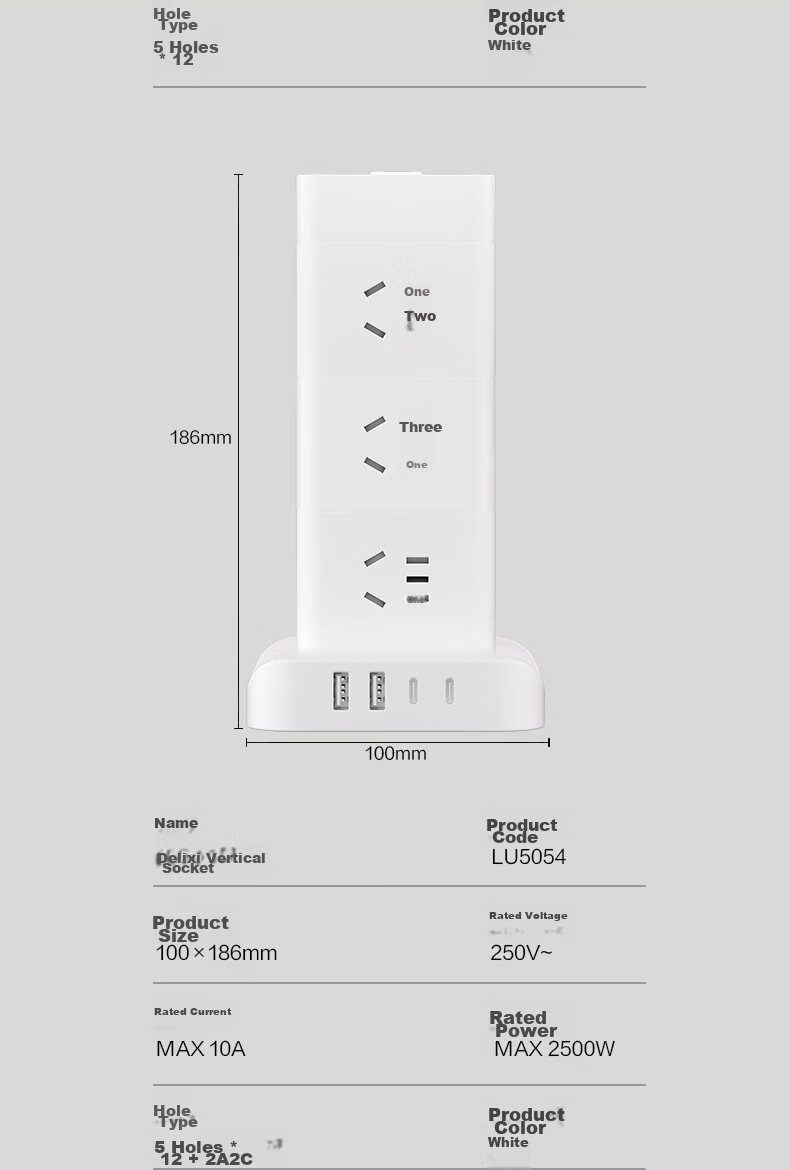 Deli Vertical Power Strip, Power Bar/Extension Cord/Power Board/Line Cord, Master Switch 12 Outlets + 2 USB + 2 TYPE-C, Total Length 1.8 Meters, Overload Protection, LU5054 15