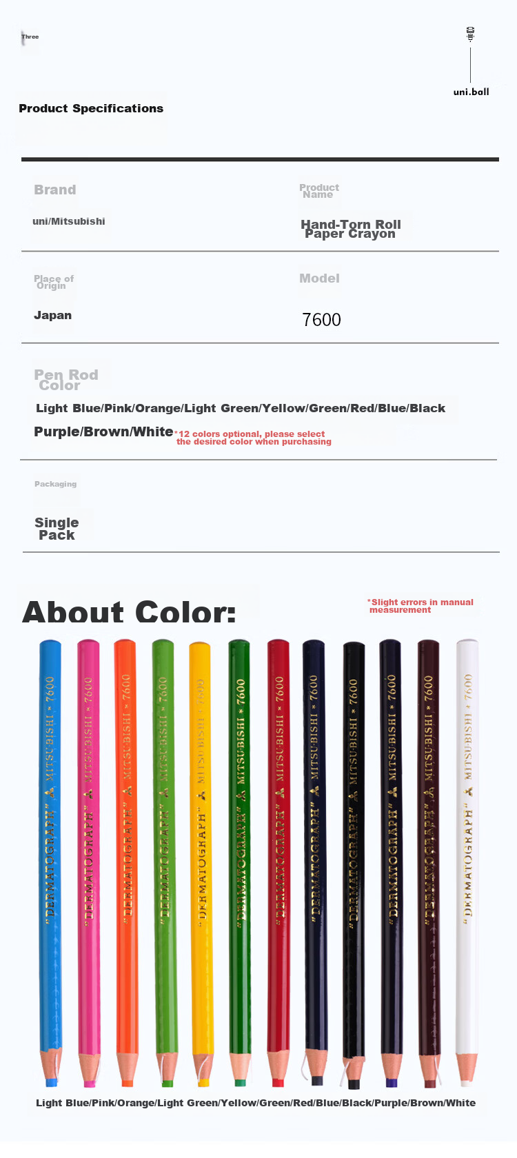 Uni Mitsubishi Oil-Based Marking Chalk, Eco-Friendly Tear-Off Roll Paper 7600 Industrial Marker (Writable Film/glass/leather/metal Etc.), Yellow Single Pack Graduation Tool 7