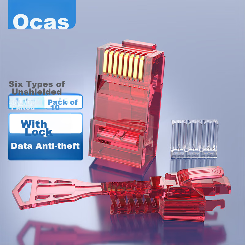 AUCAS Category 6 Anti-Pull Plug with Locking Crystal Head, Safety Lock Protection, Data Anti-Theft RJ45 Network Cable Connector, 8P8C Connector, 10 Pieces, ACRJ67UP-RD