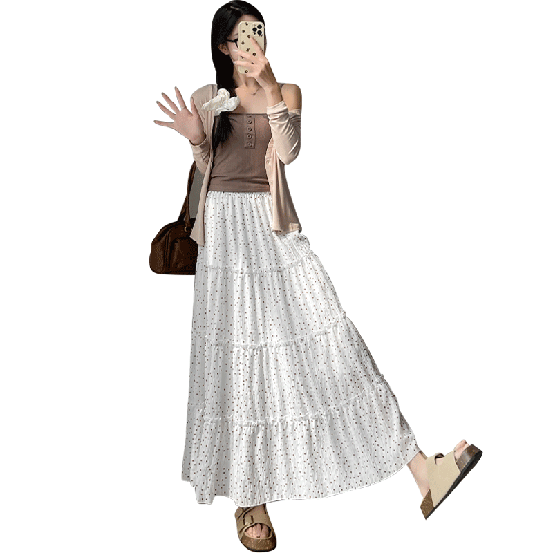 Langsha French Style White High Waist Elastic Waist A-Line Polka Dot Long Skirt Japanese Style Cake Skirt for Women 2026 Summer