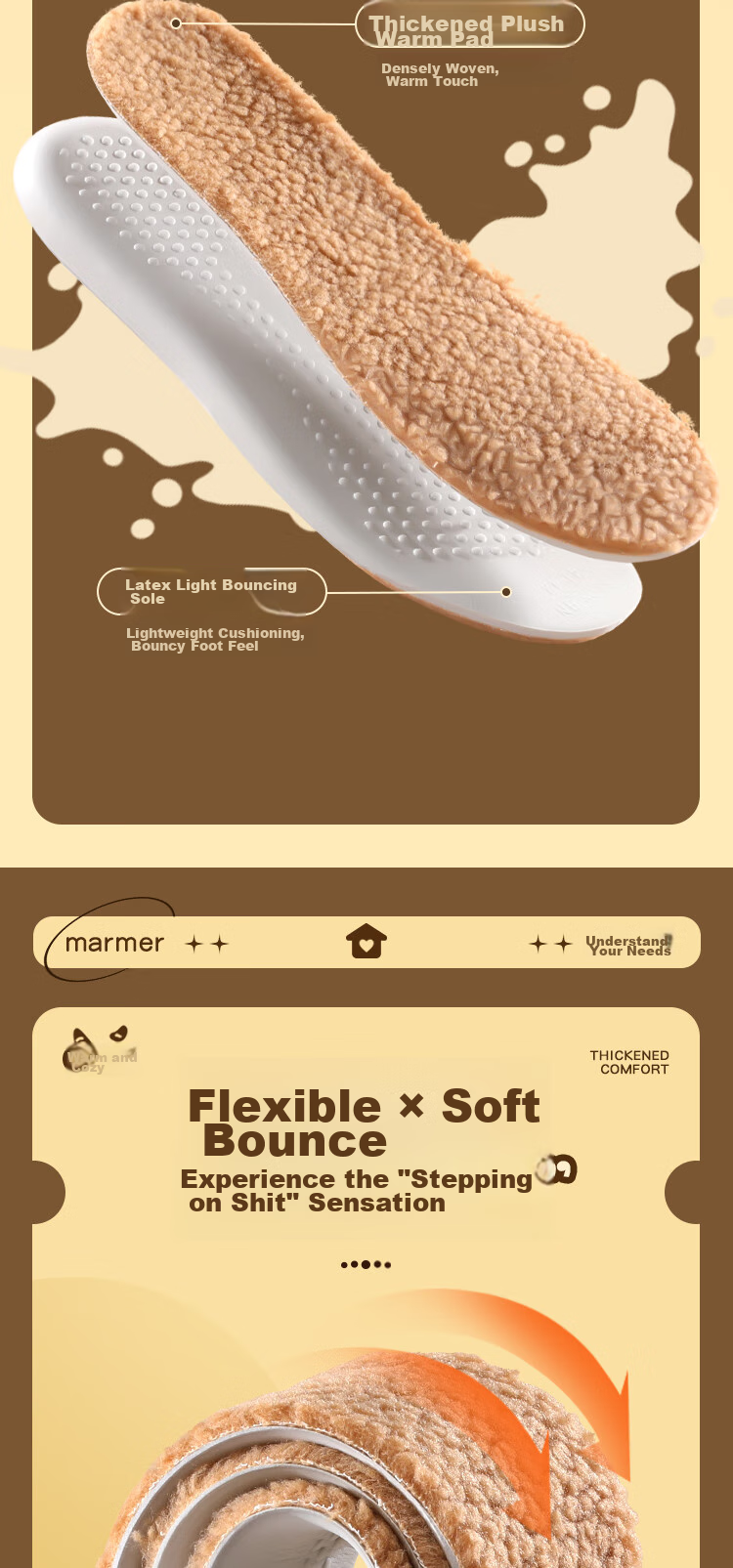 3AnGnI Latex Warm Insoles for Men And Women, Winter Thick Cotton Insoles, High Elasticity Ultra Soft Shock-Absorbing, Brown, Size 35-36 2