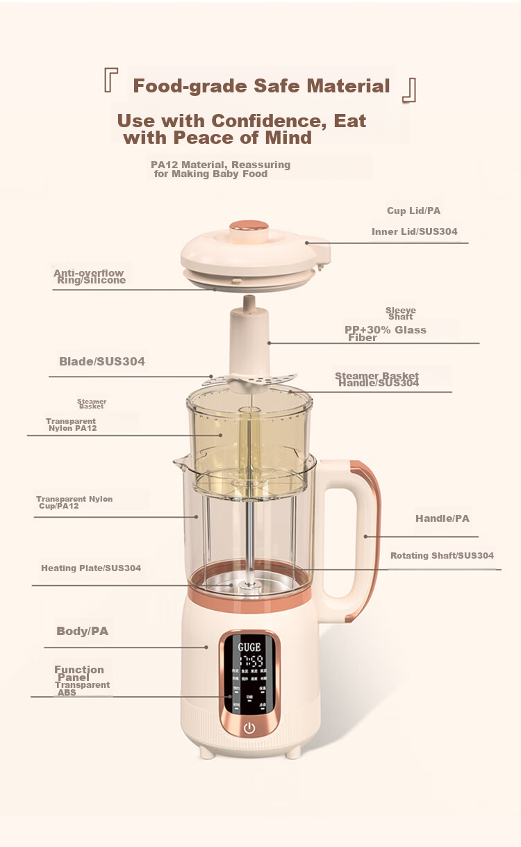 GUGE German Fully Automatic Food Processor Baby Food Maker Stainless Steel Blades Steam Cooking Mixing All-In Multifunctional Household Grinder Food Processor GG658 Gree 20