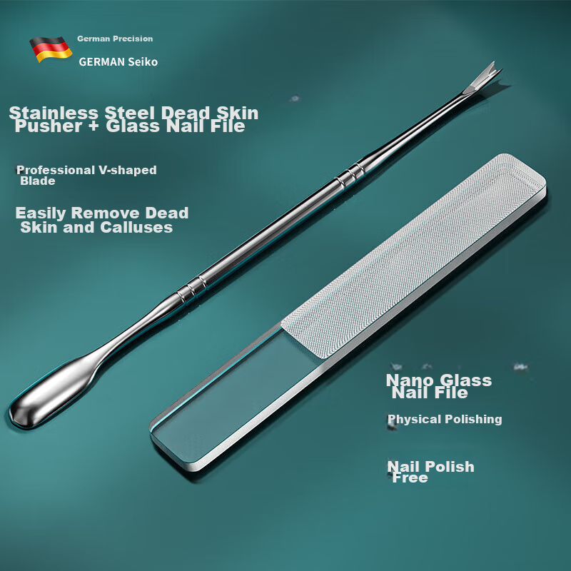 Bakuli Double-Ended V-Shaped Cuticle Pusher And Nail File Set, Professional Manicure Tools for Nail Care, 2-Piece Set