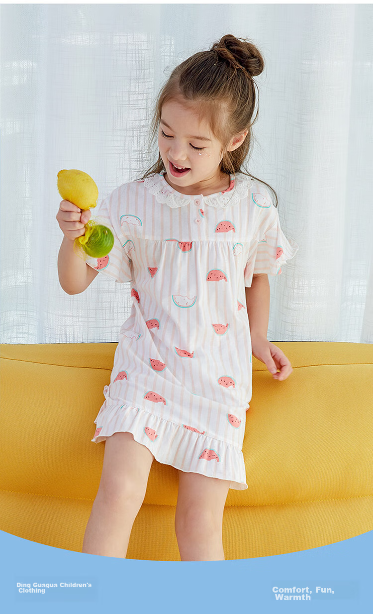 Dingguagua Girls' Short-Sleeve Cotton Nightgown, Children's Summer Thin Sleepwear, for Older Girls And Toddlers, Pink, Size 160 12