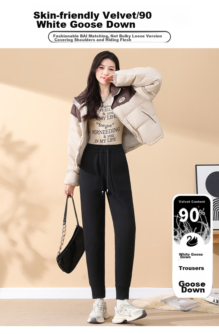 Xiongmaoxiangban Women's down Casual Pants, 2024 Autumn And Winter New Style, Fleece-Lined Thick Cotton Pants, Sports Warm Trousers, High-Waist Tapered Sweatpants 1