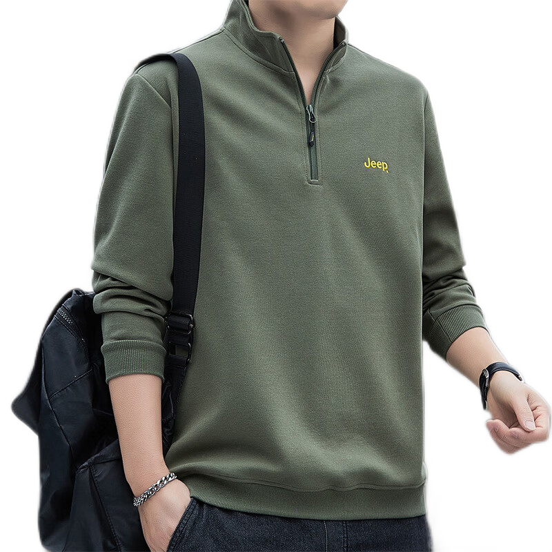 JEEP Men's Sweatshirt, Loose-Fitting Stand-Collar Long-Sleeve T-Shirt for Spring And Autumn, Casual Menswear, Army Green, XL