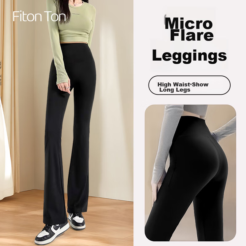 FitonTon Micro-Flared Shark Leggings for Women, High-Waisted Yoga Pants with Tummy Control And Butt-Lifting Effect, Suitable for Autumn And Winter Wear, Black, Size L