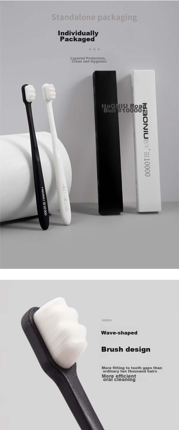 HAONIU Wanrou Black And White Adult Soft Bristle Toothbrush, 2 Pieces 3