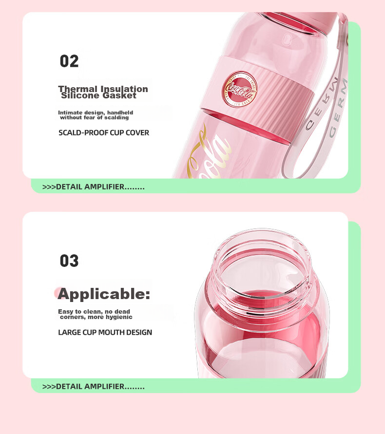 Germ Coca-Cola Summer Plastic Cup with Straw, Heat-Resistant Large Capacity Sports Water Bottle, 700ML, Smoky Gree 18