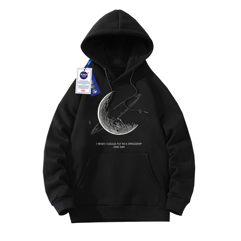 NASA GISS Official Collaboration Spring And Autumn Hoodie for Men, Trendy Loose-Fitting Jacket for Teenagers, Hooded Sweatshirt, Black, M