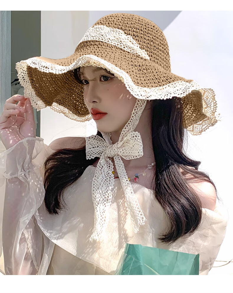 FitonTon Women's Summer Sun Hat Beach Outdoor Straw Hat Korean Style Travel Sun Hat with Tie Hollow Lace Edge Straw Braided Hat 23