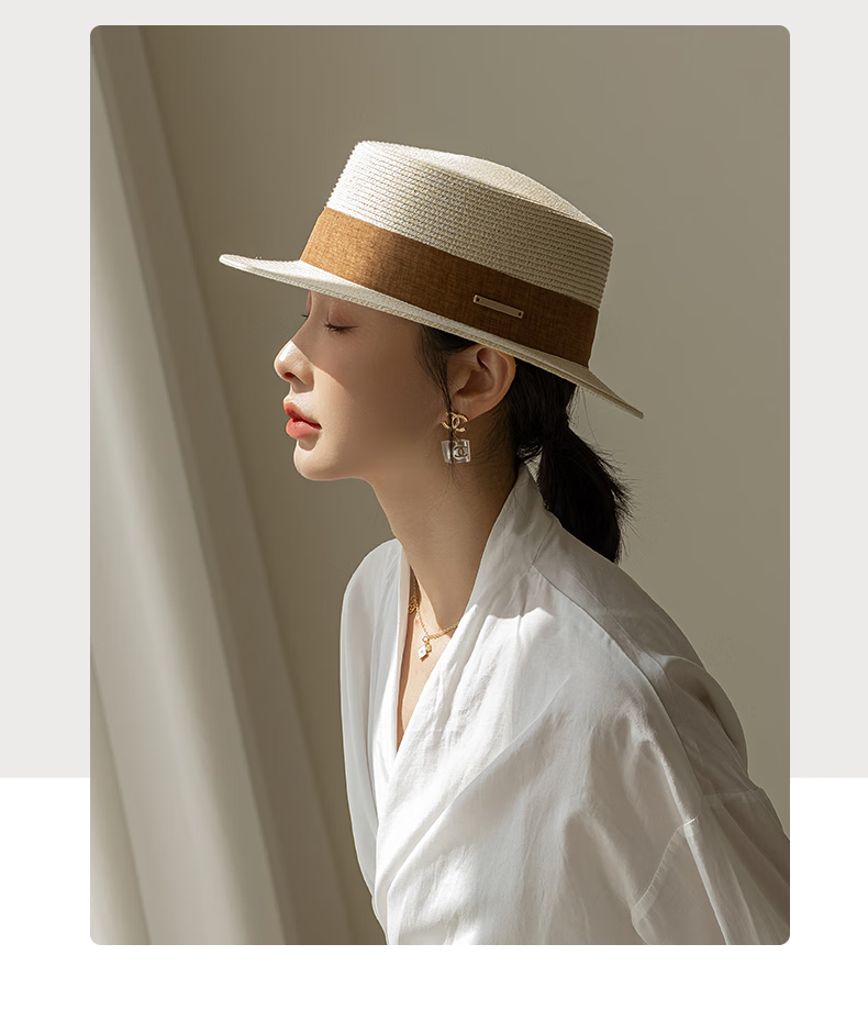 FANCET Flat-Top Straw Hat for Women, Summer Lightweight Luxury Elegant Sun Hat, Beach Vacation Sandal Straw Hat, Japanese-Style Woven Straw Hat 3