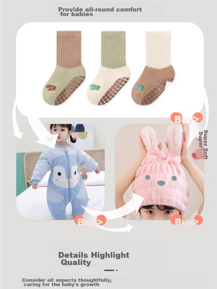 9I9 Baby Socks, Autumn And Winter Non-Slip, Mid-Calf Floor Socks, Warm Cotton Socks with Loose Tops, 3 Pairs, for Ages 1-3, A179 3