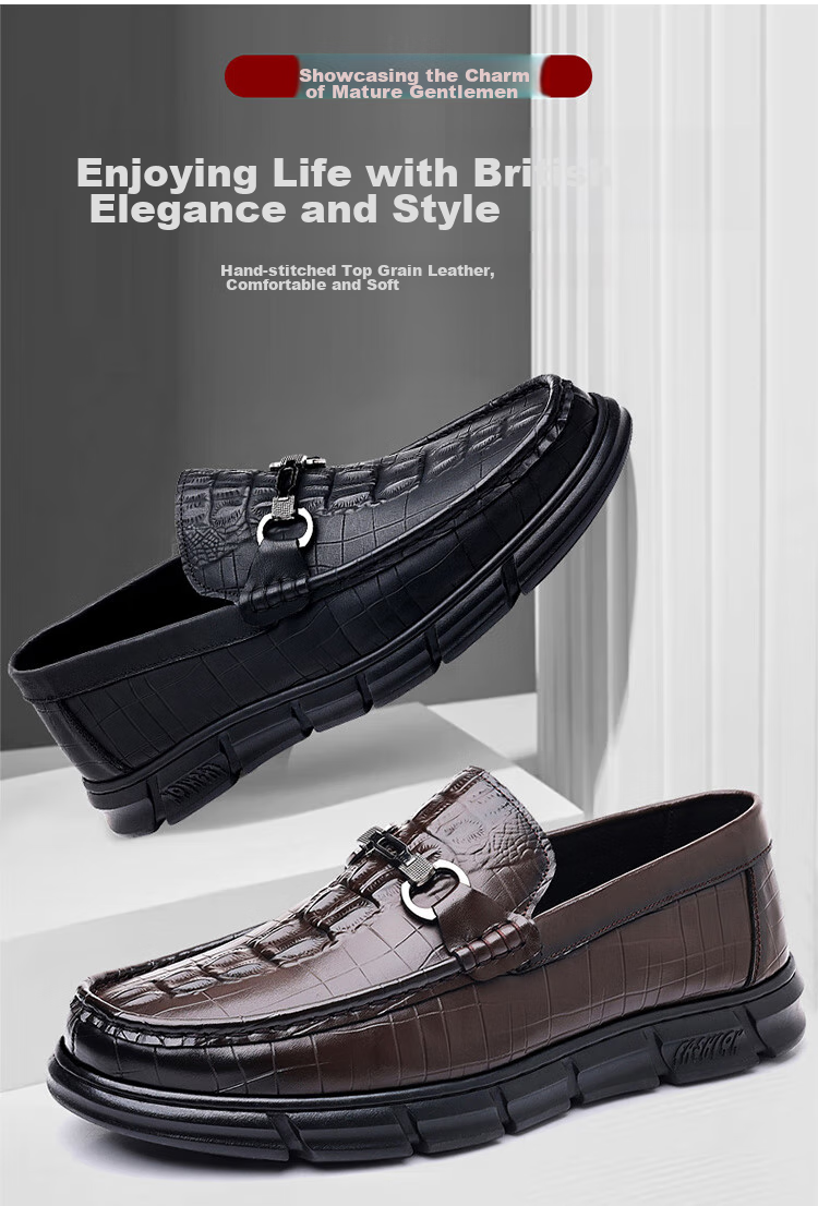 EGCHI Business Casual Leather Shoes, Men's Slip-On, Top-Grain Cowhide, Work Driving Shoes, J3328, Black, Size 38 5