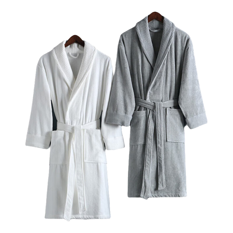 Canasin Five-Star Hotel Pure Cotton Bathrobe, All-Cotton Absorbent Couple Adult Bathrobe Sleepwear Long Style, Elegant Gray, L