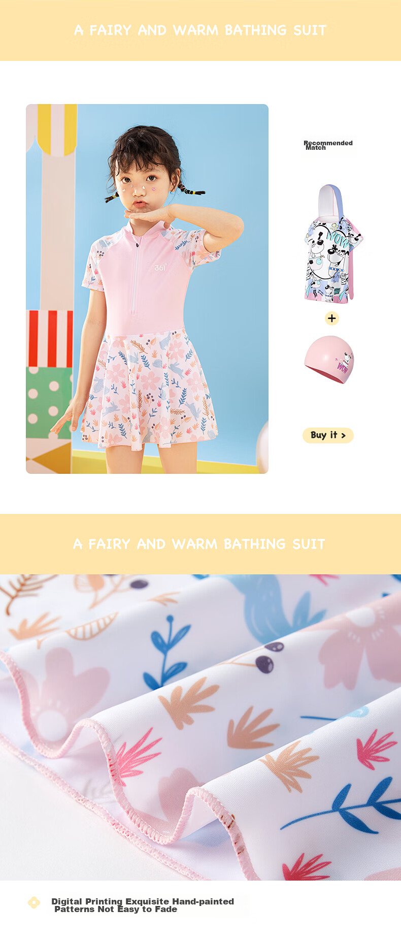 361° Children's Swimsuit, Girls' Summer Cute One-Piece Dress-Style Boyshort Swimwear, for Older Children, Swimming Equipment 10