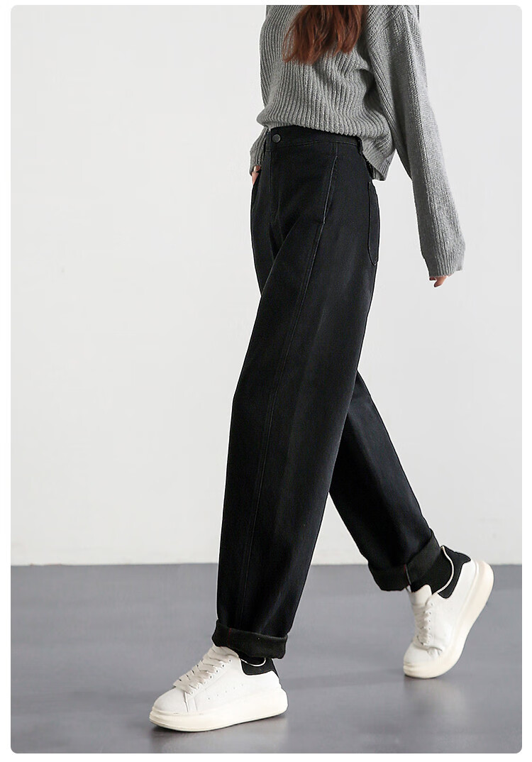 Dme Loose-Fitting Dad Pants Winter Harem Pants Women's Carrot Pants Fleece-Lined Jeans Women's Fleece-Lined Night Black S 31