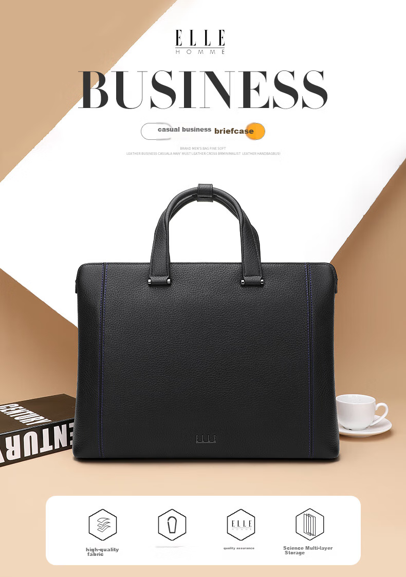 ELLE HOMME Men's Business Briefcase, Light Luxury Top-Grain Leather Handbag, Fashionable Laptop Bag EA388200510 Black 1