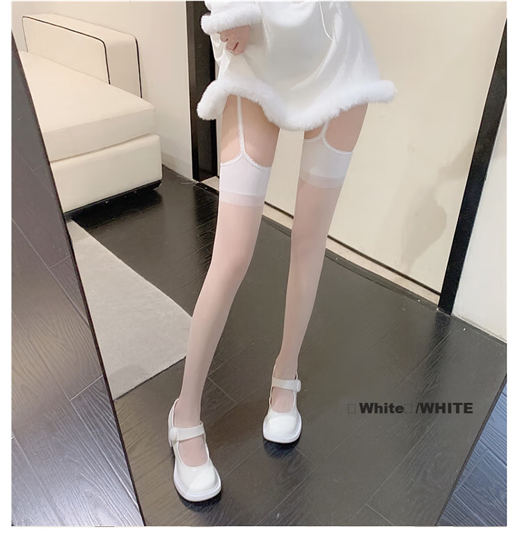 LangSha Sexy One-Piece Suspender Stockings, Ultra-Thin Black Silk Thigh-High Lace Pure Desire Over-Knee Slimming Socks, White, One Size Fits All 16