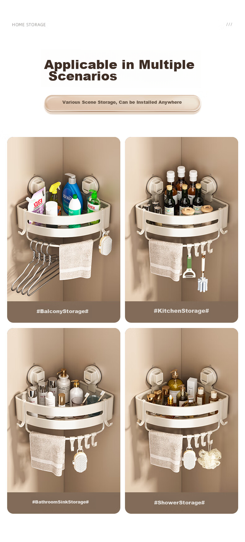 YOUQIN Bathroom Suction Cup Storage Rack, Gun Gray, No Drilling Required, Wall-Mounted, for Bathroom Sink And Washbasin Storage, Triangular Basket 9