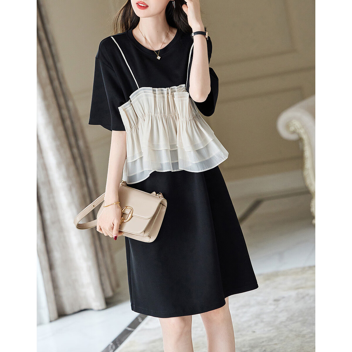 Dme [Light French Style Guide] Summer Round Neck Flowy Mesh Spliced Knit Gentle Knit Dress, Mid-Length for Wome