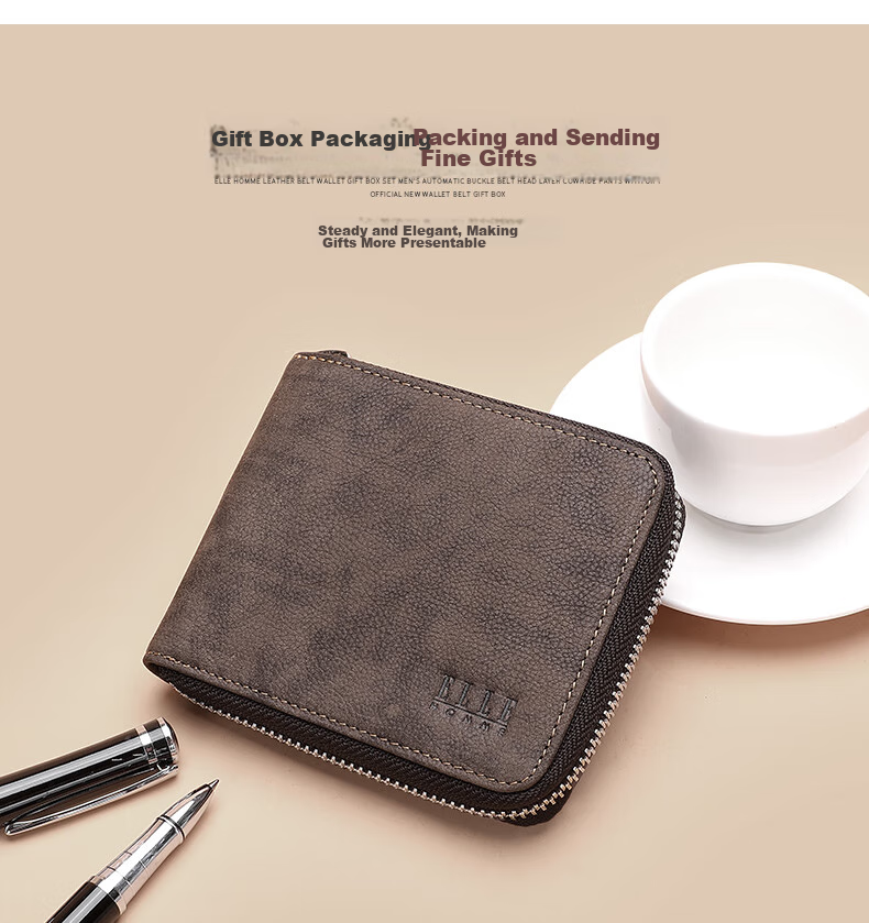 ELLE HOMME Men's Fashionable Short Wallet, Top-Grain Leather Zipper Coin Purse 4426 Brown, Birthday Gift for Me 2